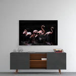 Flamingos panel catching gallery light to reveal its tactile shimmer