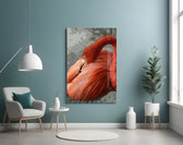 Flamingo glass wall art styled above a vanity in a powder room