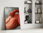 Flamingo glass print enhancing a foyer with editorial drama