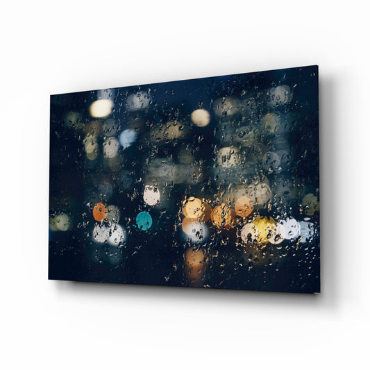 Rain glass wall art displayed above a console in a designer interior
