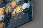 Rain artwork anchoring a wall with moody urban palette
