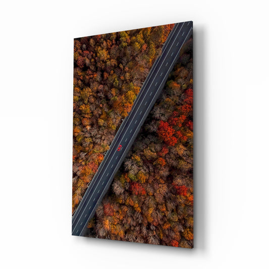 Autumn glass wall art displayed above a console in a designer interior