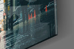 Rain in the City artwork anchoring a wall with moody urban palette