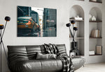 Rain in the City glass wall art styled above a desk in a cinematic study