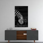 Zebra panel catching gallery light to reveal its tactile pattern