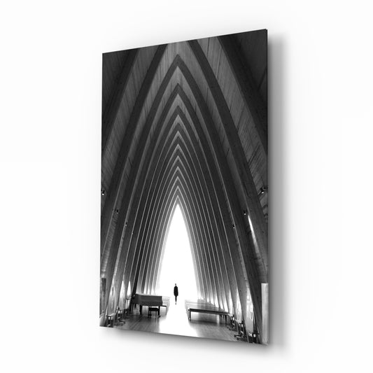 Gray City Landscape glass wall art displayed above a console in a designer interior