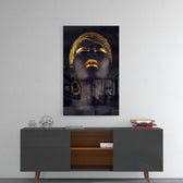 Gold Woman panel catching gallery light to reveal its tactile shimmer