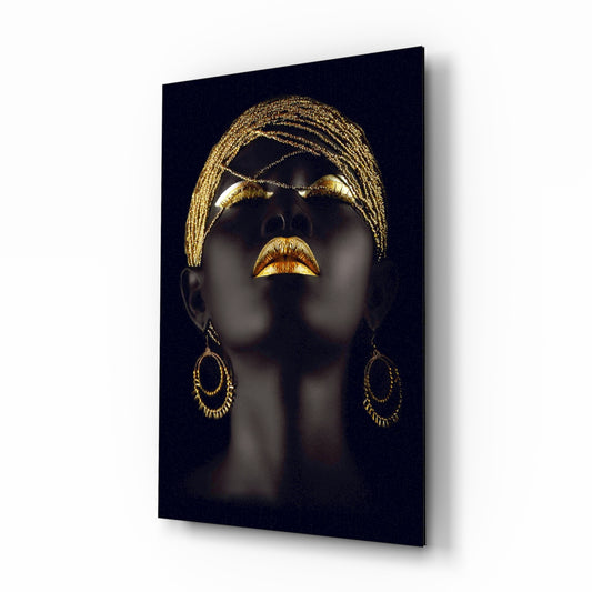 Gold Woman glass wall art displayed above a console in a designer interior