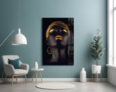 Gold Woman glass wall art styled above a vanity in a powder room