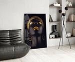 Gold Woman panel adding editorial mood to a dressing area