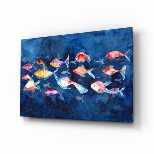 Illustration Fish glass wall art displayed above a console in a designer interior