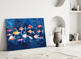 Close-up detail of coral fish silhouettes against indigo wash