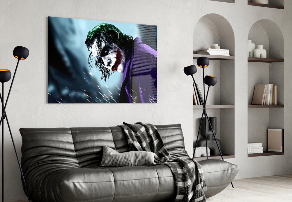 Joker glass wall art styled above a desk in a teen room