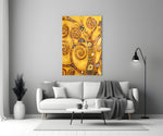 Close-up detail of gilded spirals on amber canvas