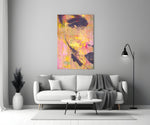 Close-up detail of dark stencil eyes on magenta-and-gold canvas