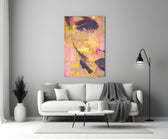 Close-up detail of dark stencil eyes on magenta-and-gold canvas