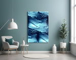 Blue Serenity glass wall art styled above a tub in a spa bathroom