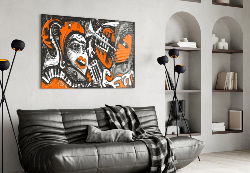 Picasso glass wall art styled above a piano in a music room
