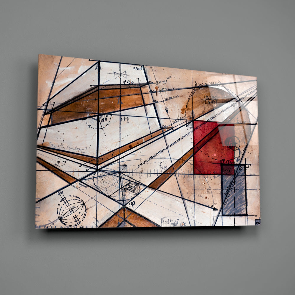 Blueprint-geometry panel bringing intellectual warmth to a contemporary living space