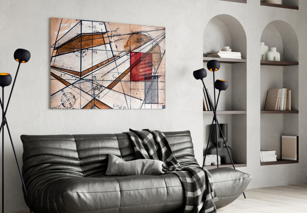 Meaningful Lines glass wall art styled above a desk in an engineering study