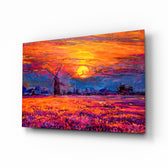 Sunset glass wall art displayed above a console in a designer interior