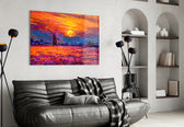 Sunset glass wall art styled above a desk in a country study
