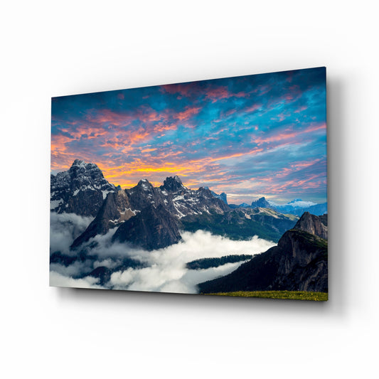 Mountains glass wall art displayed above a console in a designer interior