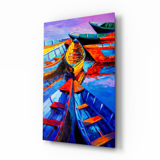 Boats glass wall art displayed above a console in a designer interior