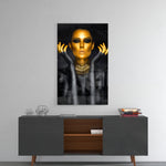 Gold Woman panel catching gallery light to reveal its tactile shimmer
