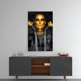 Gold Woman panel catching gallery light to reveal its tactile shimmer