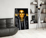 Gold Woman panel adding editorial mood to a dressing area