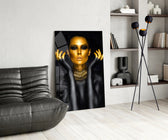 Gold Woman panel adding editorial mood to a dressing area