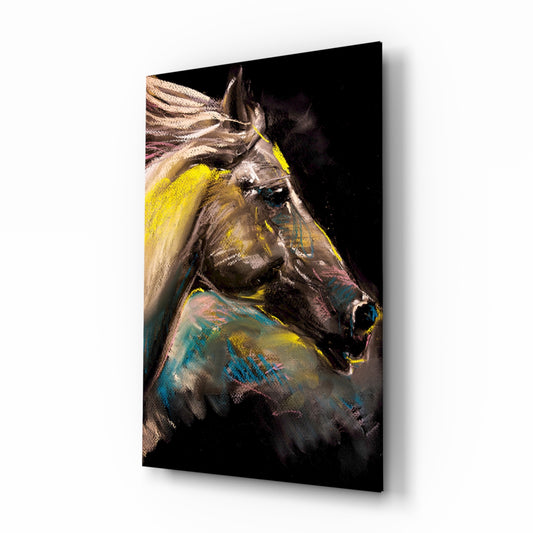 Horse glass wall art displayed above a console in a designer interior
