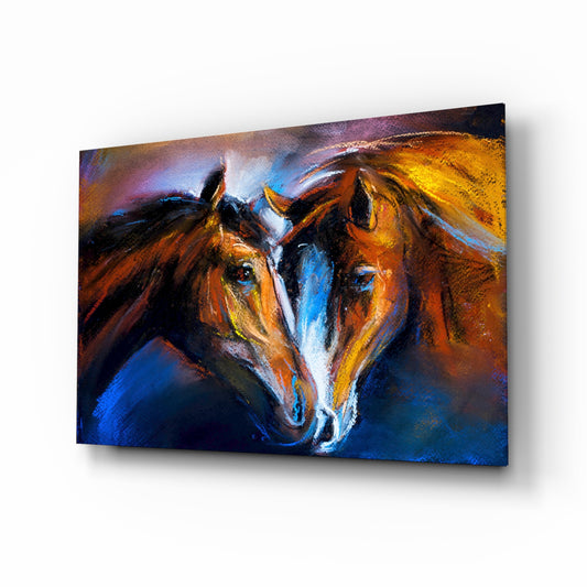 Horses glass wall art displayed above a console in a designer interior