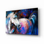 White Horse glass wall art displayed above a console in a designer interior