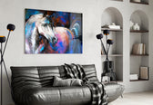 White Horse glass wall art styled above a desk in an introspective study