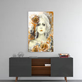 Yellow Rose and Woman panel catching gallery light to reveal its tactile bloom