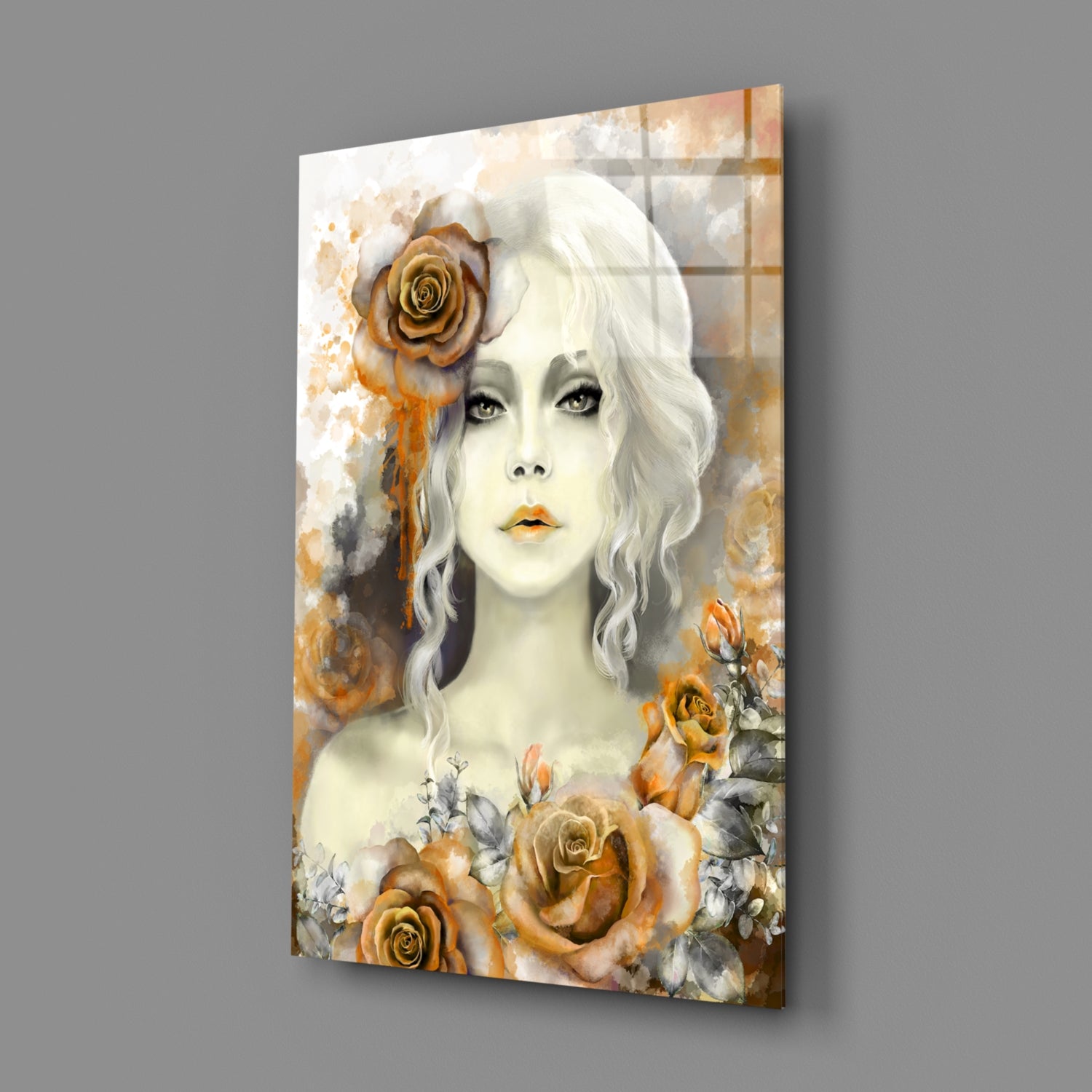 Yellow Rose and Woman Glass Wall Art.