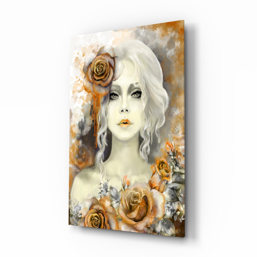 Yellow Rose and Woman glass wall art displayed above a console in a designer interior