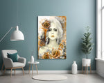 Yellow Rose and Woman glass wall art styled above a vanity in a powder room