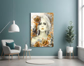 Yellow Rose and Woman glass wall art styled above a vanity in a powder room