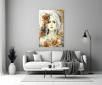 Close-up detail of amber roses framing the muse's face
