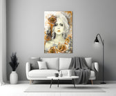 Close-up detail of amber roses framing the muse's face