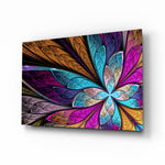 Colorful Flower glass wall art displayed above a console in a designer interior