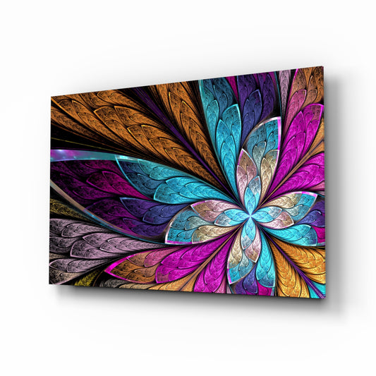 Colorful Flower glass wall art displayed above a console in a designer interior
