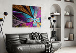 Colorful Flower glass wall art styled above a desk in a creative office
