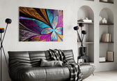 Colorful Flower glass wall art styled above a desk in a creative office