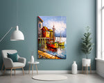 Boats on the Shore glass wall art styled above a bench in a coastal cabin