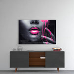 Pink Painted Woman panel catching gallery light to reveal its tactile gloss