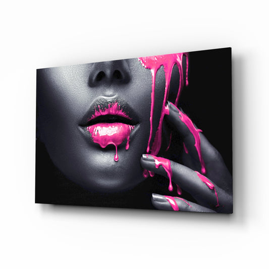Pink Painted Woman glass wall art displayed above a console in a designer interior